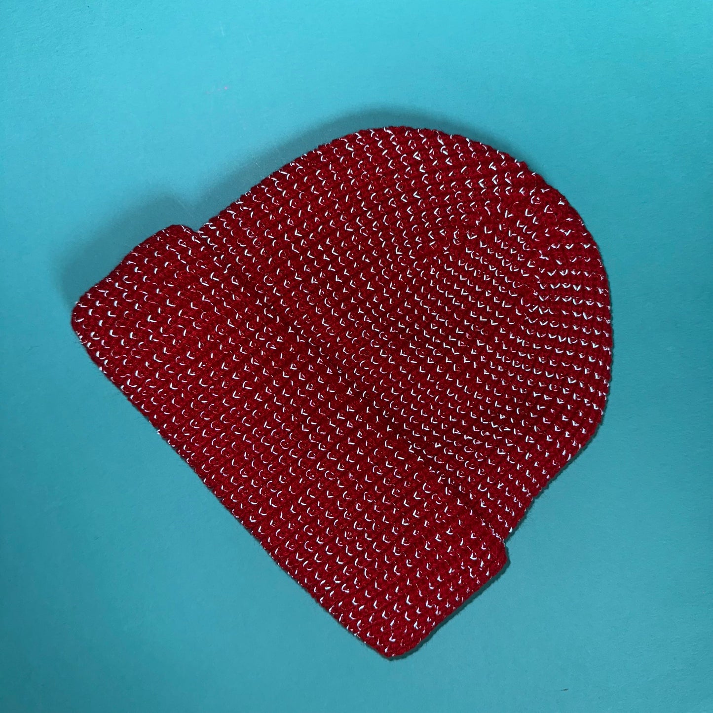 Red beanie with reflective yarn