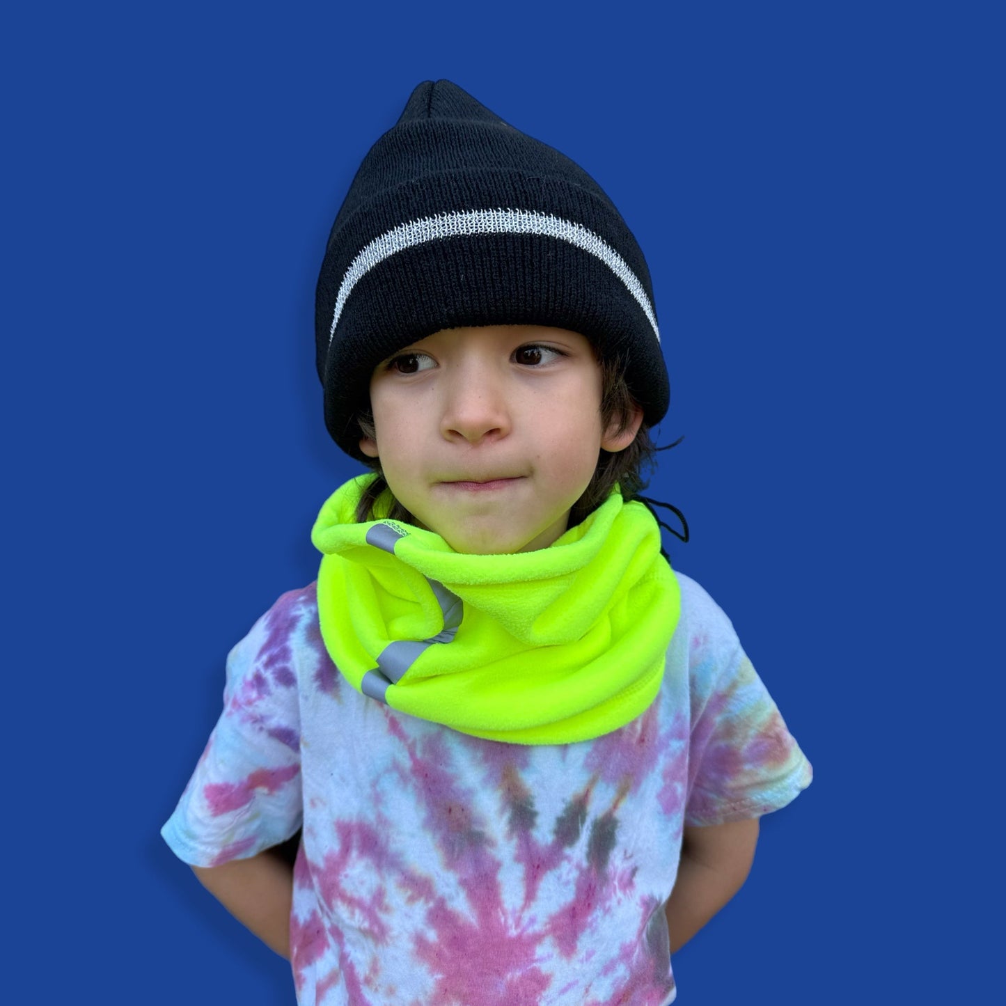 Neon yellow fleece snood with reflective stripe