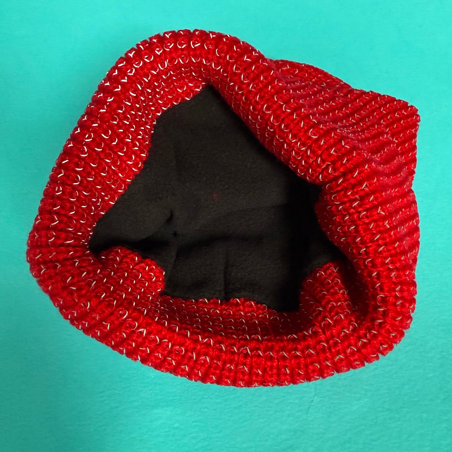 Red beanie with reflective yarn