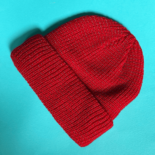 Red beanie with reflective yarn