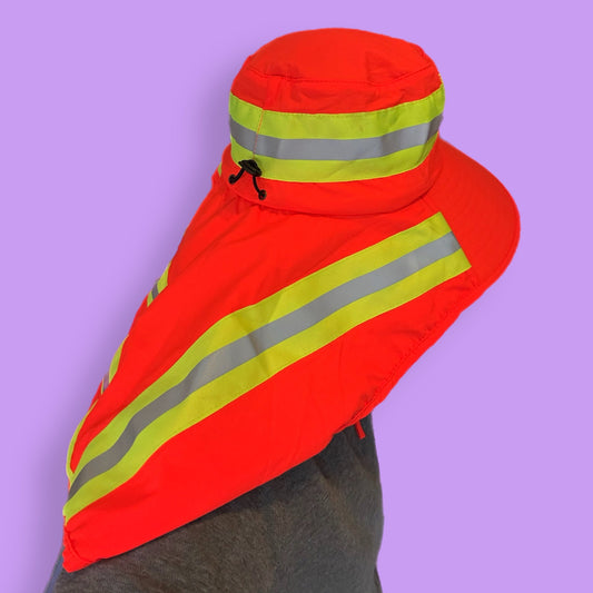 Neon orange reflective rain and sun hat
